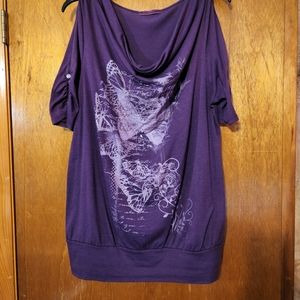 Purple cold shoulder top with banded bottom